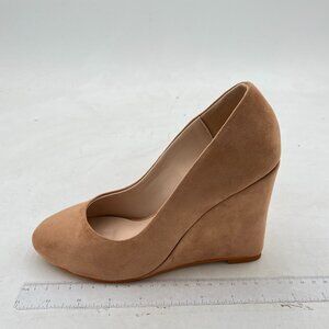 FOWT Nude Wedge Pumps Basic Closed Almond Toe Thick High Heel Slip On Comfy Shoe